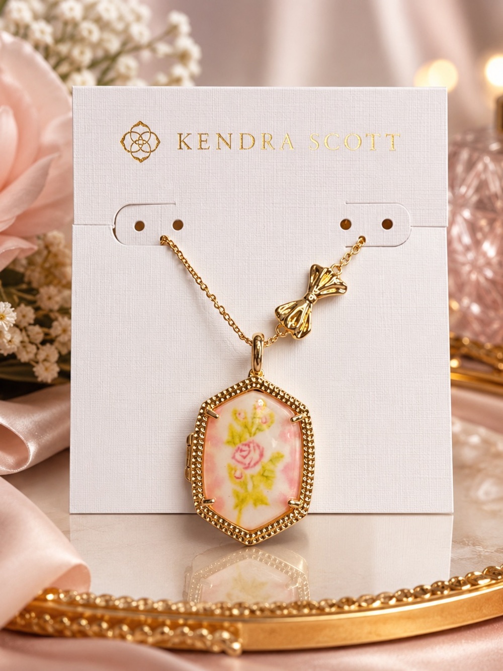 Kendra Scott LoveShackFancy Bow Floral Locket Necklace – Gold Tone